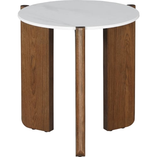 Elissa Side Table in White Marbled Stone & Walnut